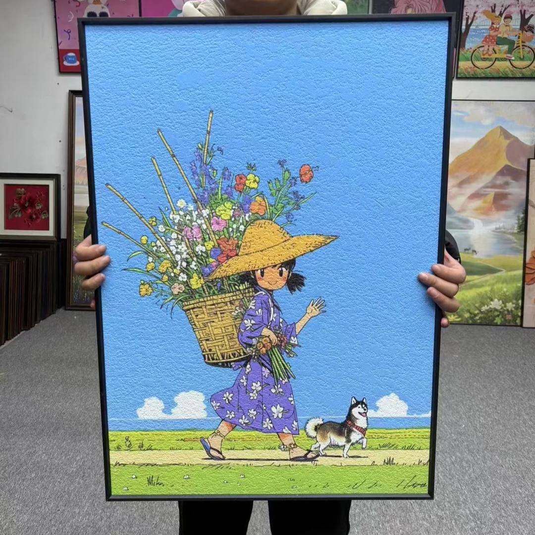 简约卡通女孩狗狗装饰画卧室床头小清新挂画5070