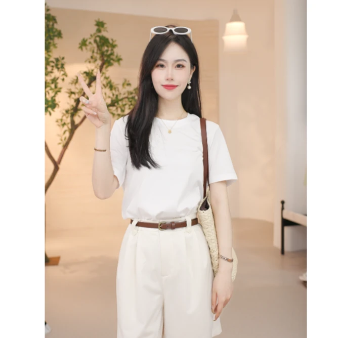 【欧若风新品】茵曼夏季短款套头时尚T恤休闲百搭显瘦圆领纯色上衣