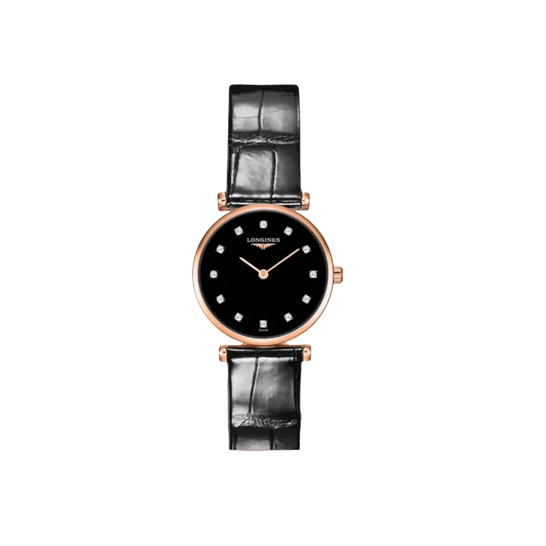 99新 Longines/浪琴 单表/嘉岚女表24MM石英/镀金皮带款/黑盘钻刻