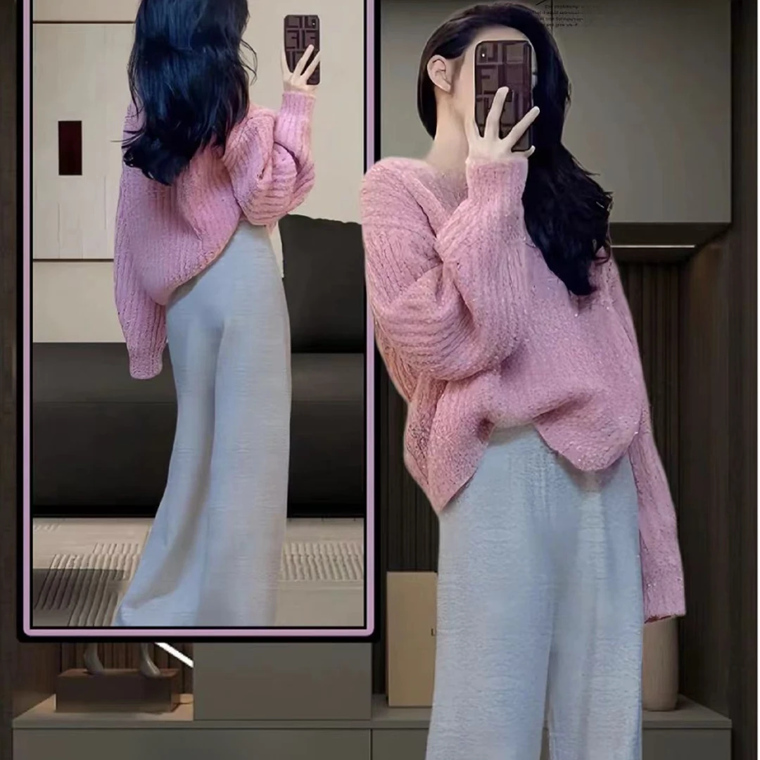 福利--选择编码拍--春秋粉色温柔慵懒风圆领针织衫显瘦毛衣女