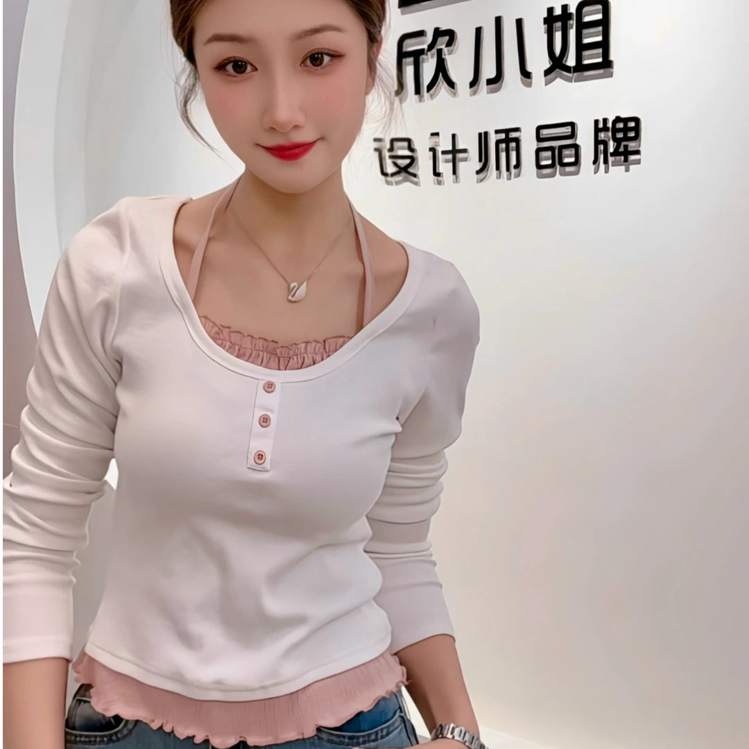 假两件蕾丝小衫春秋显瘦长袖时尚百搭修身设计师