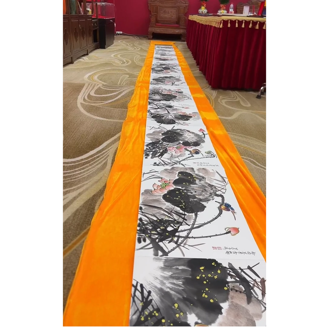 李希涛 荷风盛世 九米红木册页 900cm*50cm  手绘