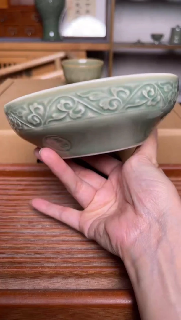 瓷器耀州窑青瓷6英寸福字蒸碗 微瑕