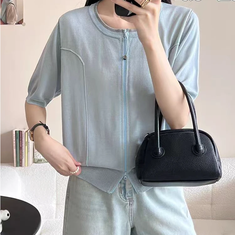 姜糖|时尚圆领夏季开衫轻奢短款拉链T上衣薄款
