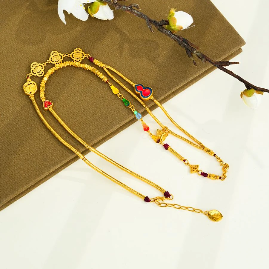 ZOCAI/佐卡伊古法黄金珐琅彩民族国风万能链足金福禄项链 X00846