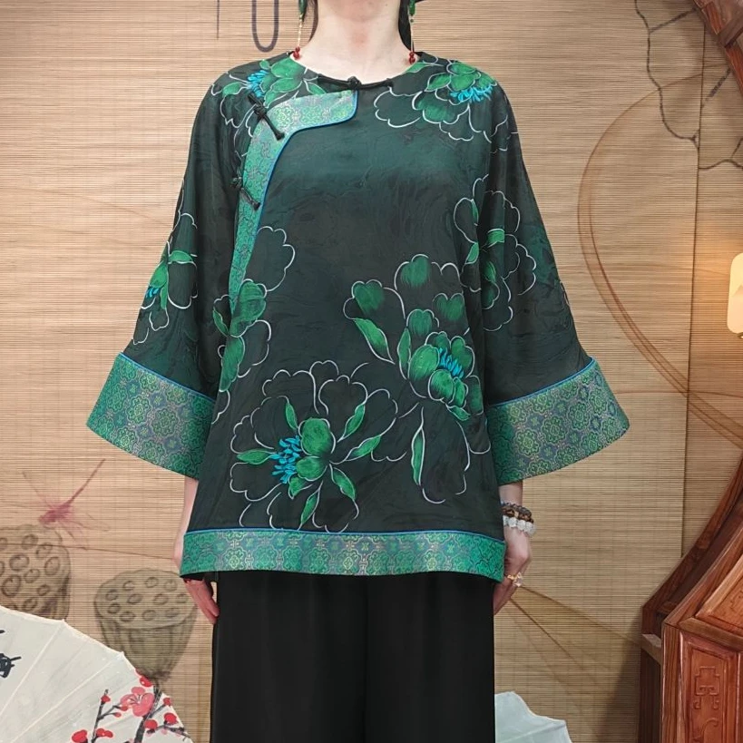 60姆米重缎100桑蚕丝墨池手绘贴边宋锦香云纱全开襟太太服新中式