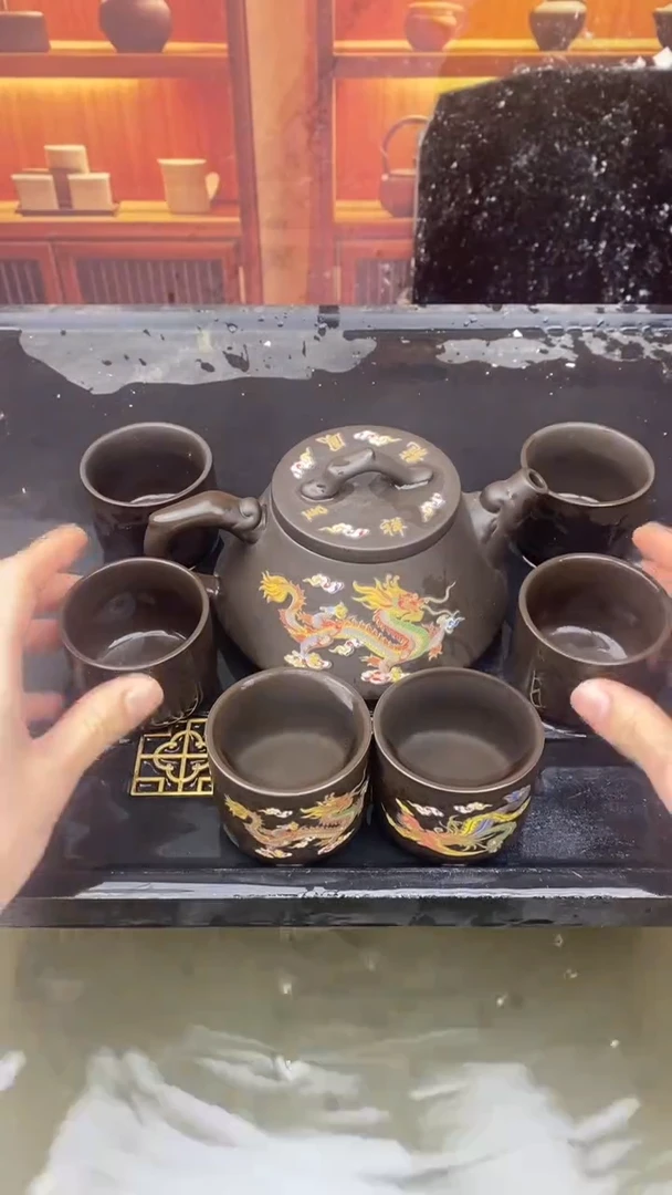 茶壶紫砂大容量380cc龙凤石瓢凤鸣壶  一壶六变色杯