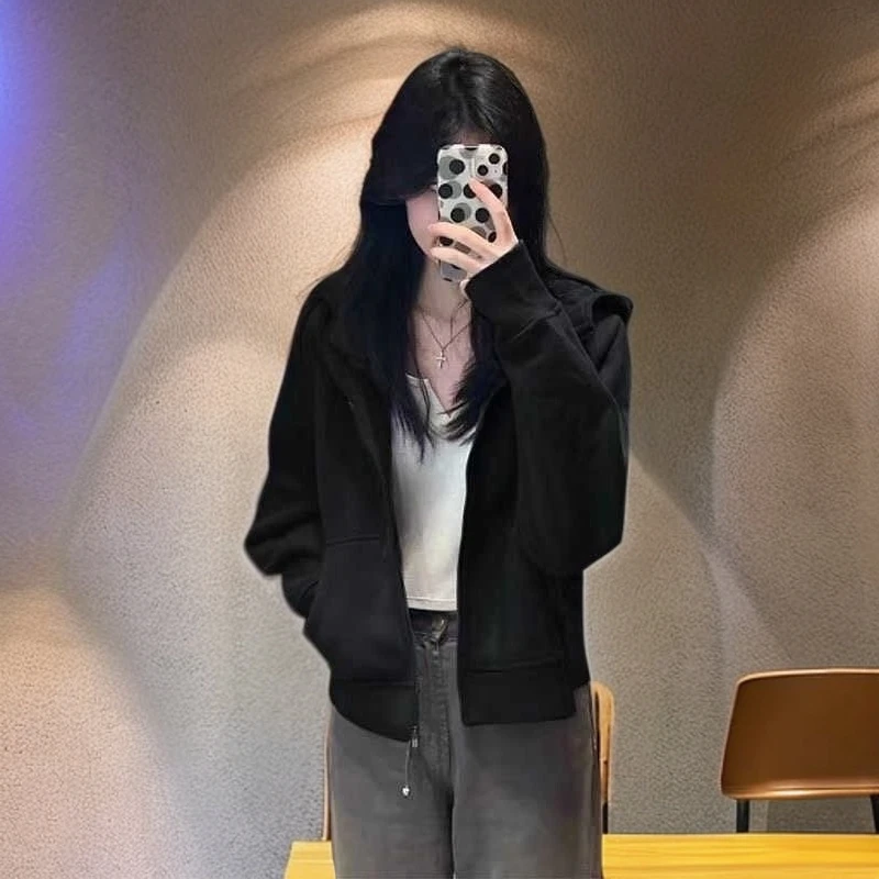 gpsunlu连帽拉炼时尚开衫外套藏青色短款显瘦卫衣女长袖秋季新款