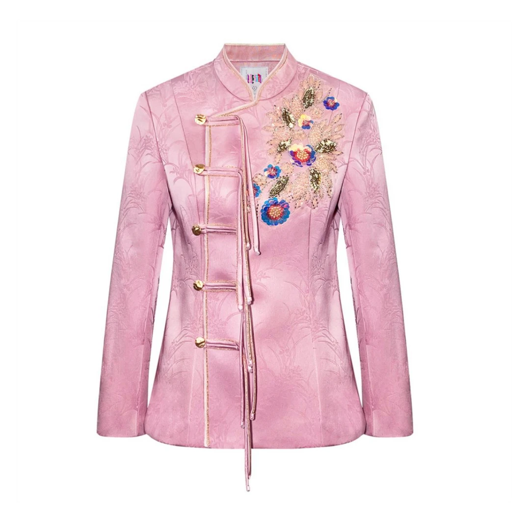 【NO退NO换】姜穹JIANGQIONG 2024新年限定绣花饰缎面提花收腰外套