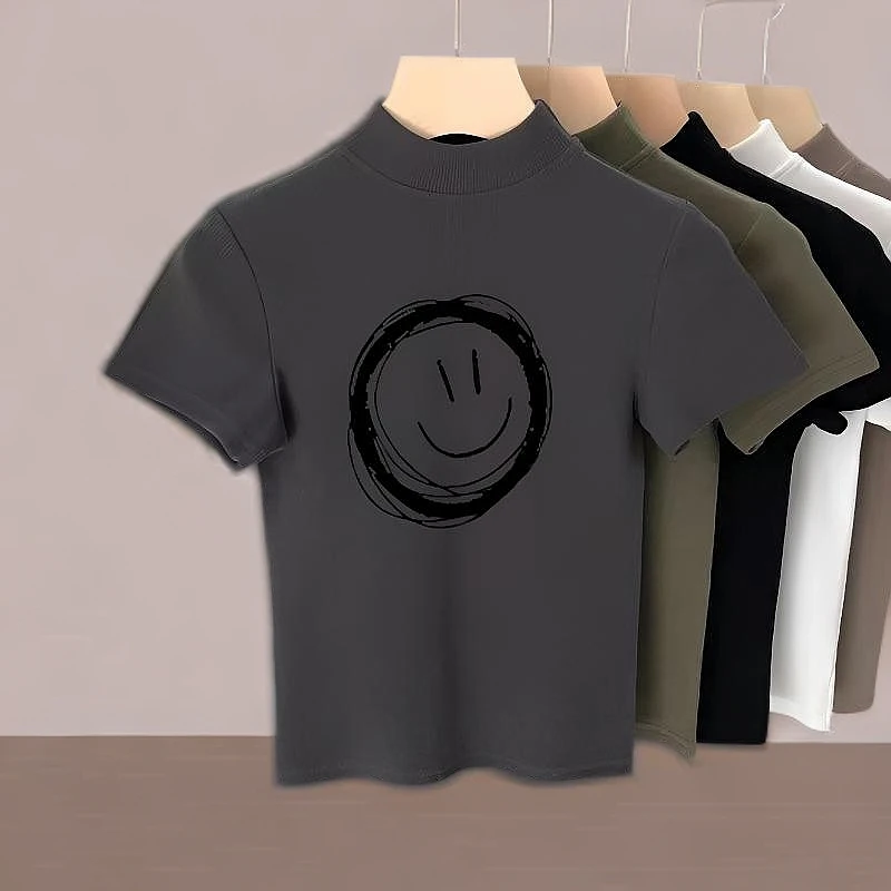 半高领修身显瘦短袖t恤女2025夏季新款洋气百搭正肩半袖上衣服ins