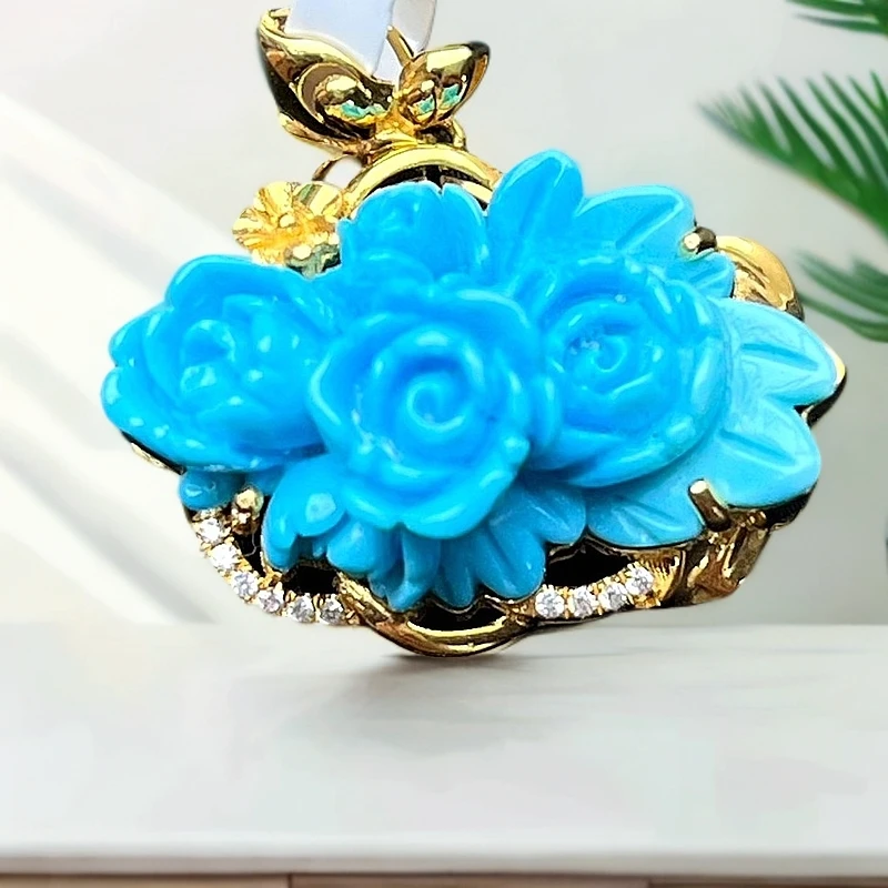 天然绿松石吊坠牡丹花高瓷高蓝蝶恋花18k金吊坠