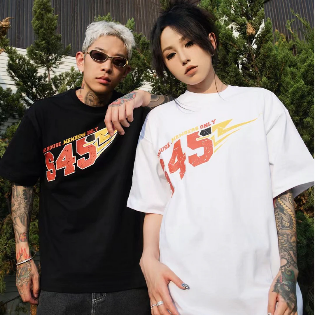 S45美式街头闪电logo做旧印花宽松休闲圆领纯棉潮牌短袖t恤男女