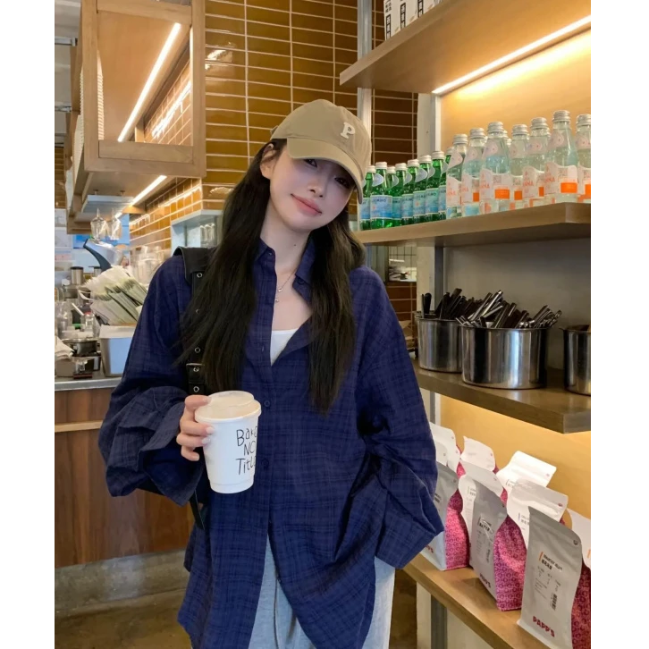 日系复古藏青格子衬衫女宽松休闲冷淡系高级感上衣开衫外套时尚