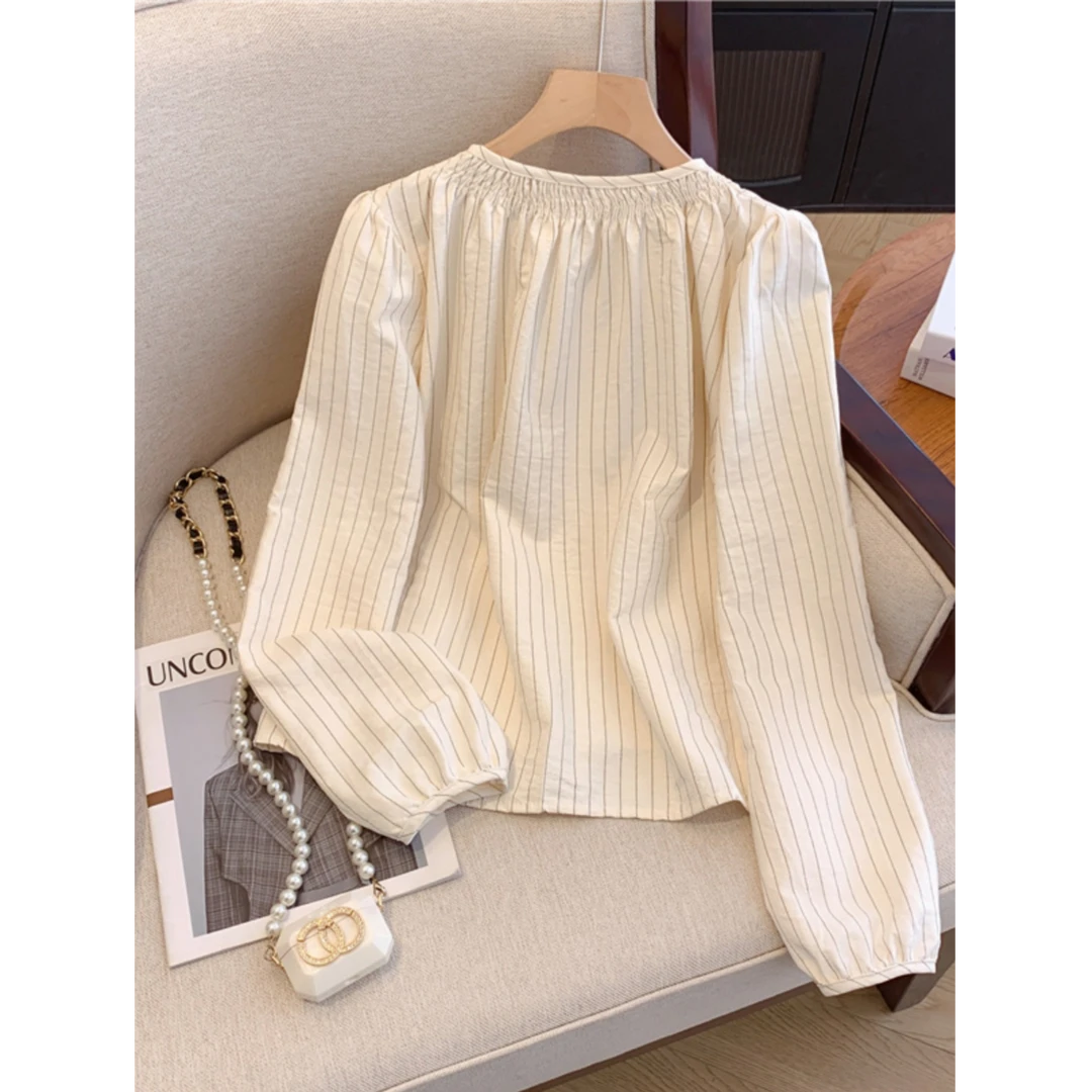 拉夏贝尔法式条纹衬衫女新款韩系设计感小衫百搭显瘦早秋长袖上衣