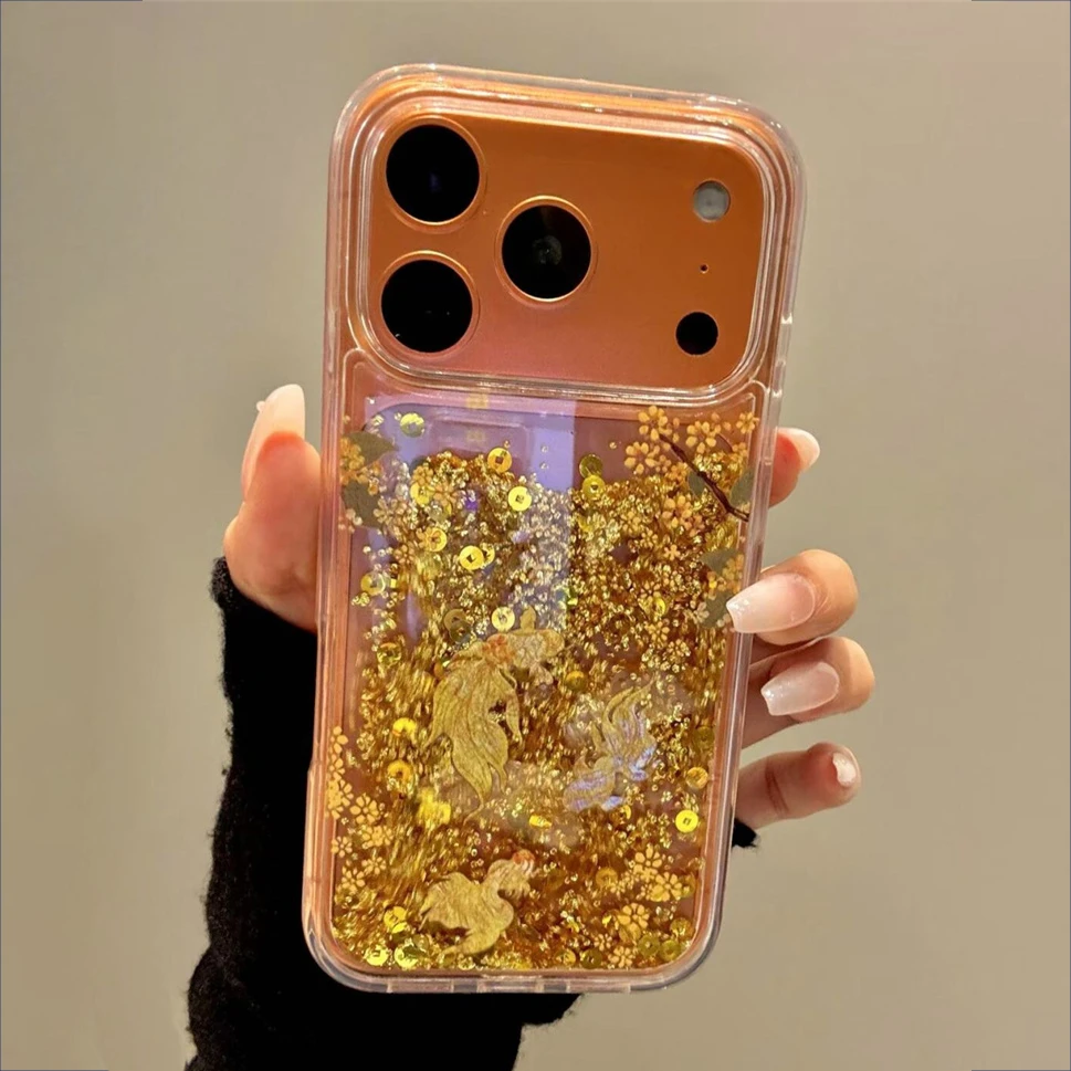铜钱金鲤碎花流沙金箔适用苹果17promax手机壳17新款iphone16国风