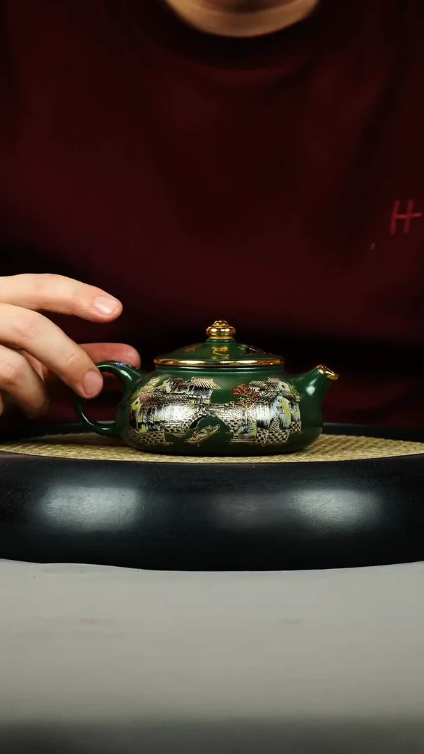 茶壶紫砂绿泥 寒江 珐琅彩 江南水乡