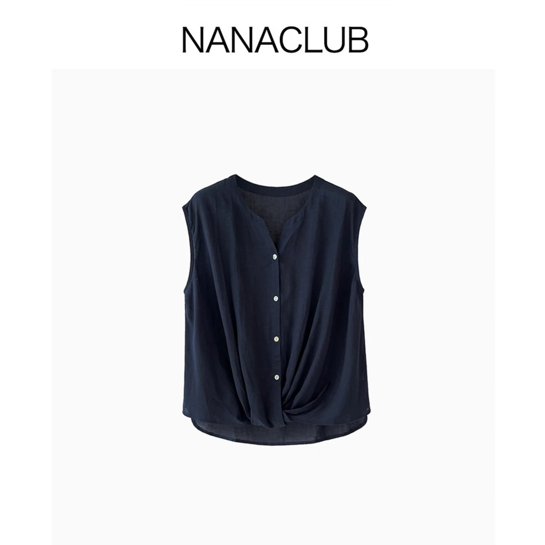 NANACLUB 亚麻天丝小衫 小V领纽结慵懒随性 三伏天穿吸湿排汗凉爽