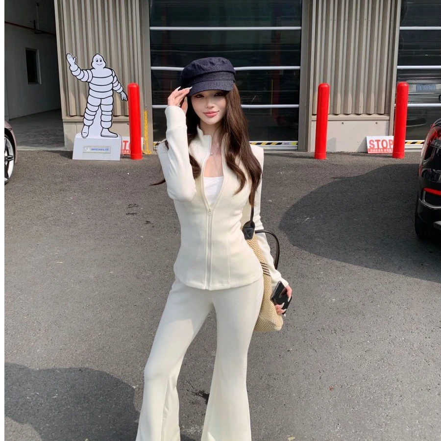 韩系运动休闲时尚套装修身显瘦上衣喇叭裤两件套气质显瘦洋气休闲