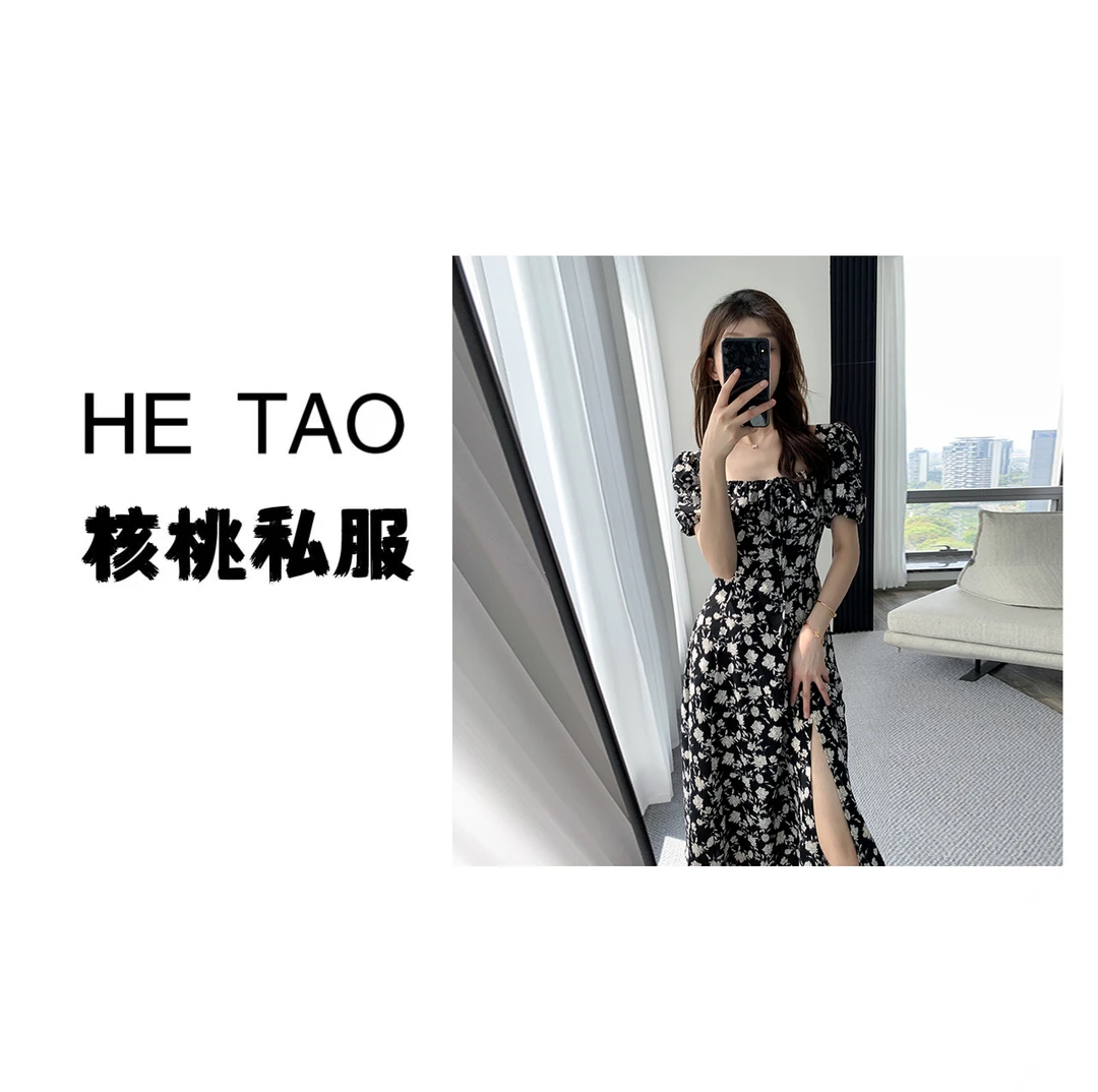 黑色夏季碎花连衣裙女2025夏新款高级感法式显瘦方领开叉长裙6843
