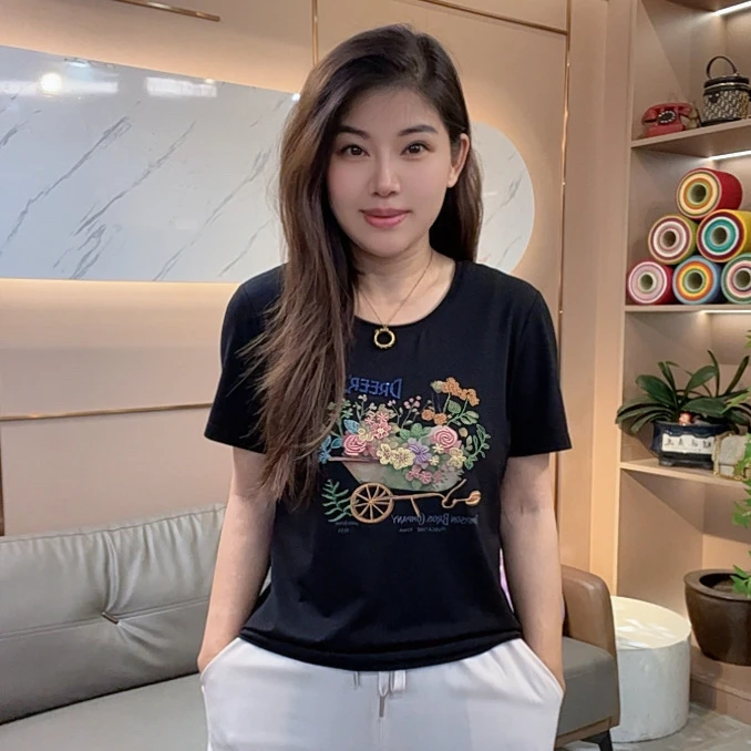 怡特美【花开富贵】进口兰精莫代尔+棉自然卷显瘦圆领短袖t恤259837