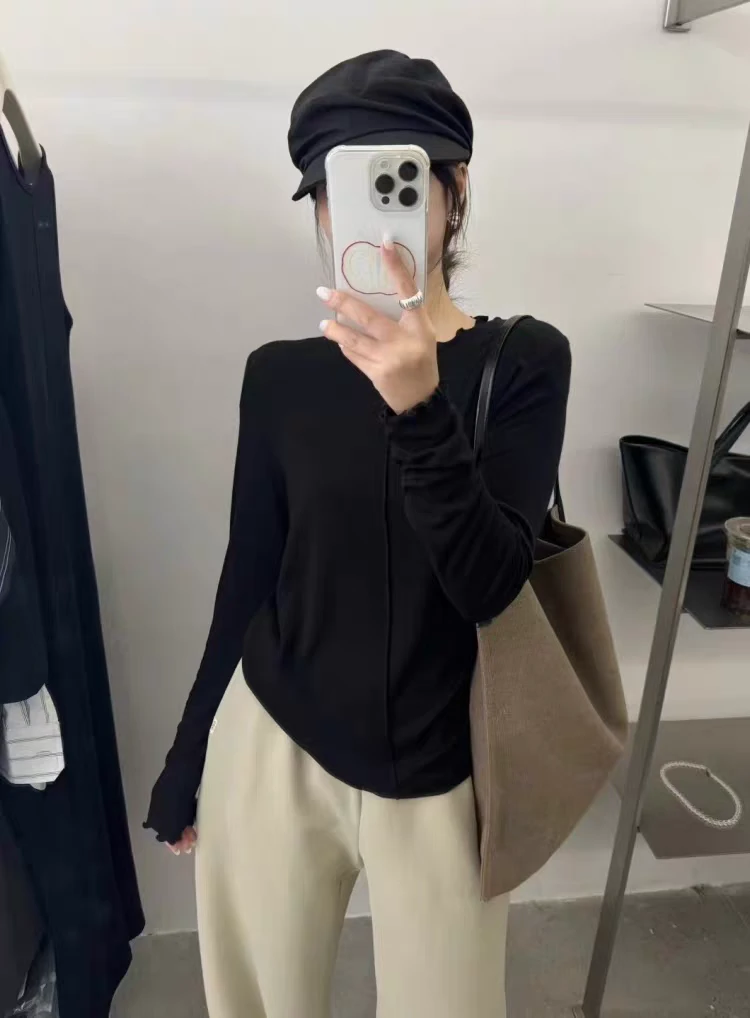 Nalian/拿恋豆子优选-欧货设计感木耳边圆领长袖打底衫 DZ98738