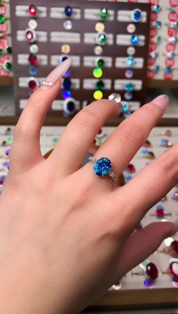 银S925镶嵌戒圈海蓝宝石8*10 银托