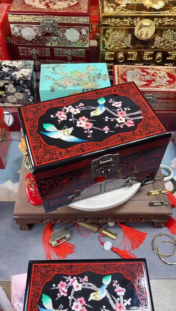 如***?28厘米三层双抽传统堆金彩绘喜鹊