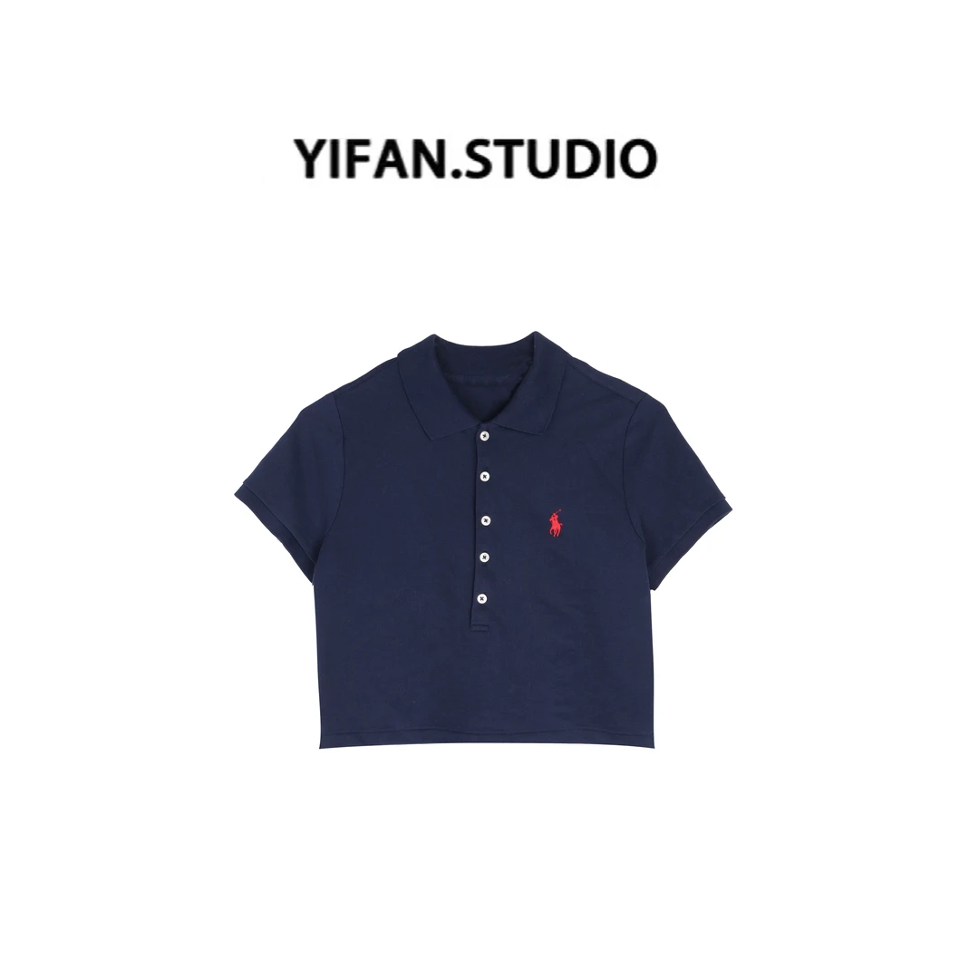 YIFAN 蓝色小马刺绣短袖短款Polo衫格纹拼接中长裙半裙YF2577