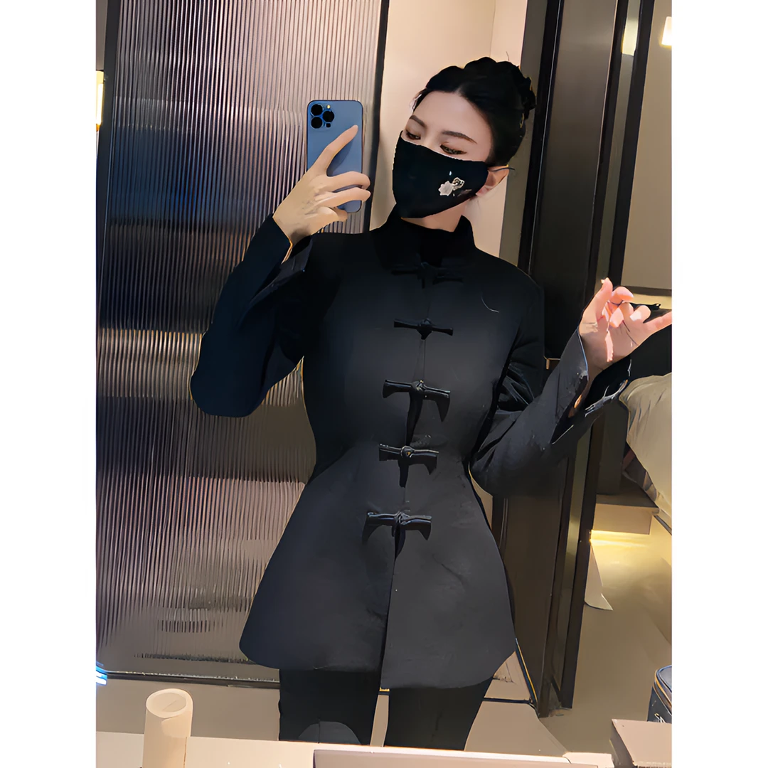 秋中式复古外套高级感修身立领黑色盘扣日常气质新女外套秋冬款