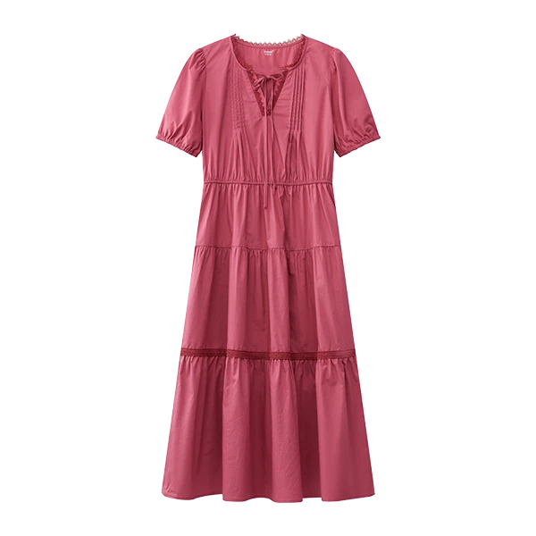 茵曼夏季纯棉法式茶歇连衣裙花边V领高级感A字蛋糕裙裙子