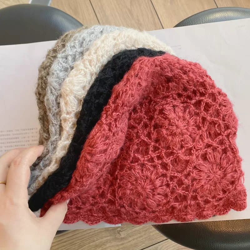 手工花朵包头帽子女显脸小文艺百搭堆堆帽冬季防寒保暖针织毛线帽