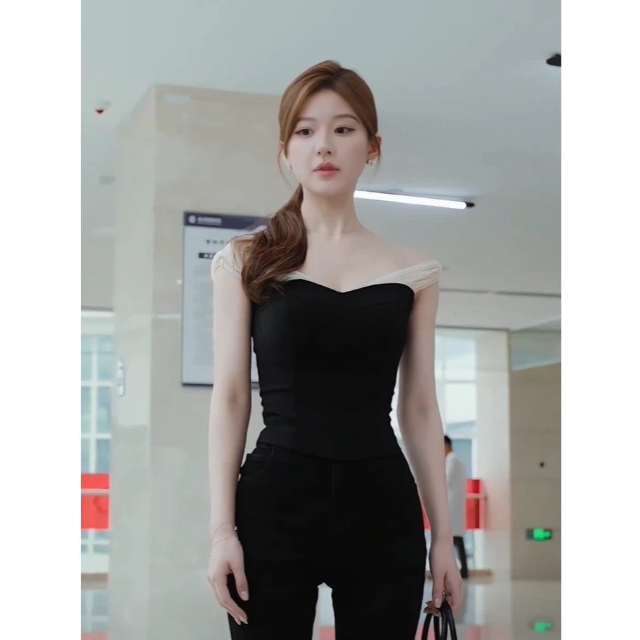 【赵露思同款】2025秋季新款深V拼接网纱吊带上衣配显瘦裤子两件套