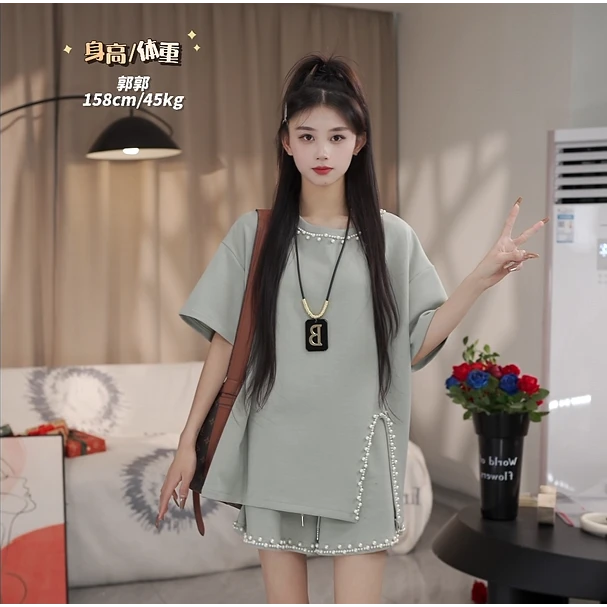 【郭郭】夏季时尚烫钻遮肚显瘦大码套装胖MM设计气质两件套250340