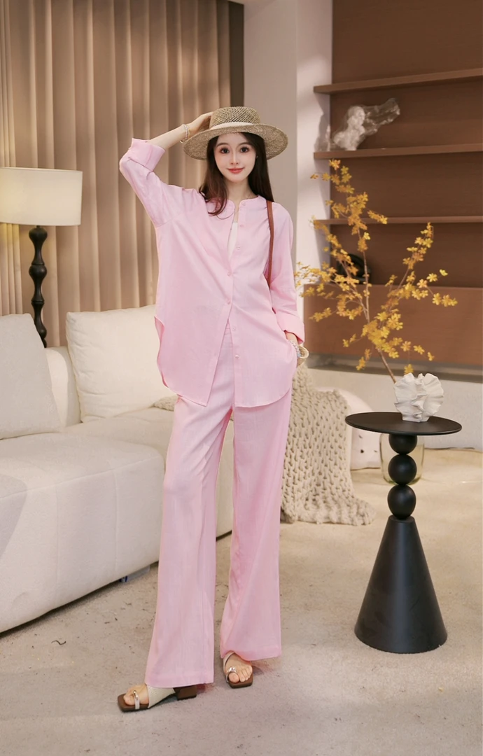 【奶糖】100%雨露亚麻老钱亚麻慵懒休闲时尚套装衬衣+阔腿裤两件套