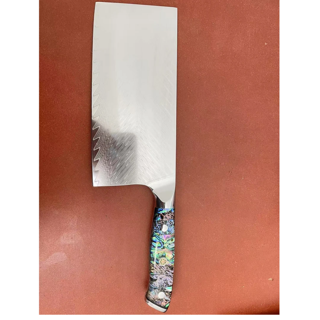 鲍鱼壳手柄大马士革菜刀切菜切肉大切片刀鱼骨纹