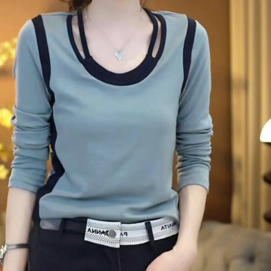 设计师假两件撞色长袖T恤女2025春季新款洋气百搭休闲打底衫上衣