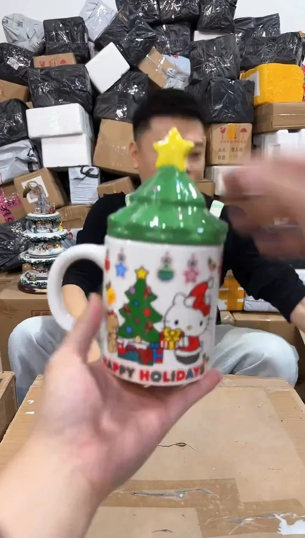 瓷片圣诞树kt猫带盖杯