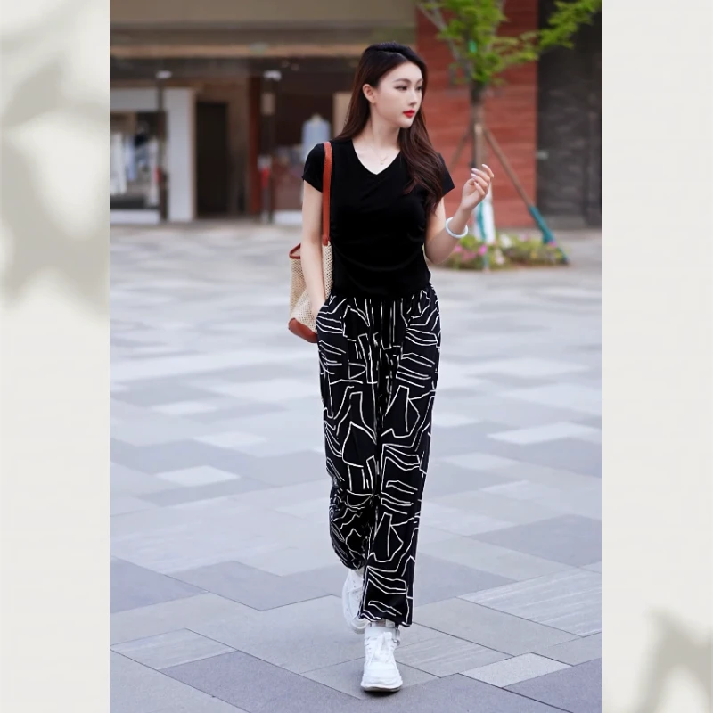 [现货]白线条休闲冰丝束脚哈伦裤宽松夏季高腰薄款显瘦大码防晒裤