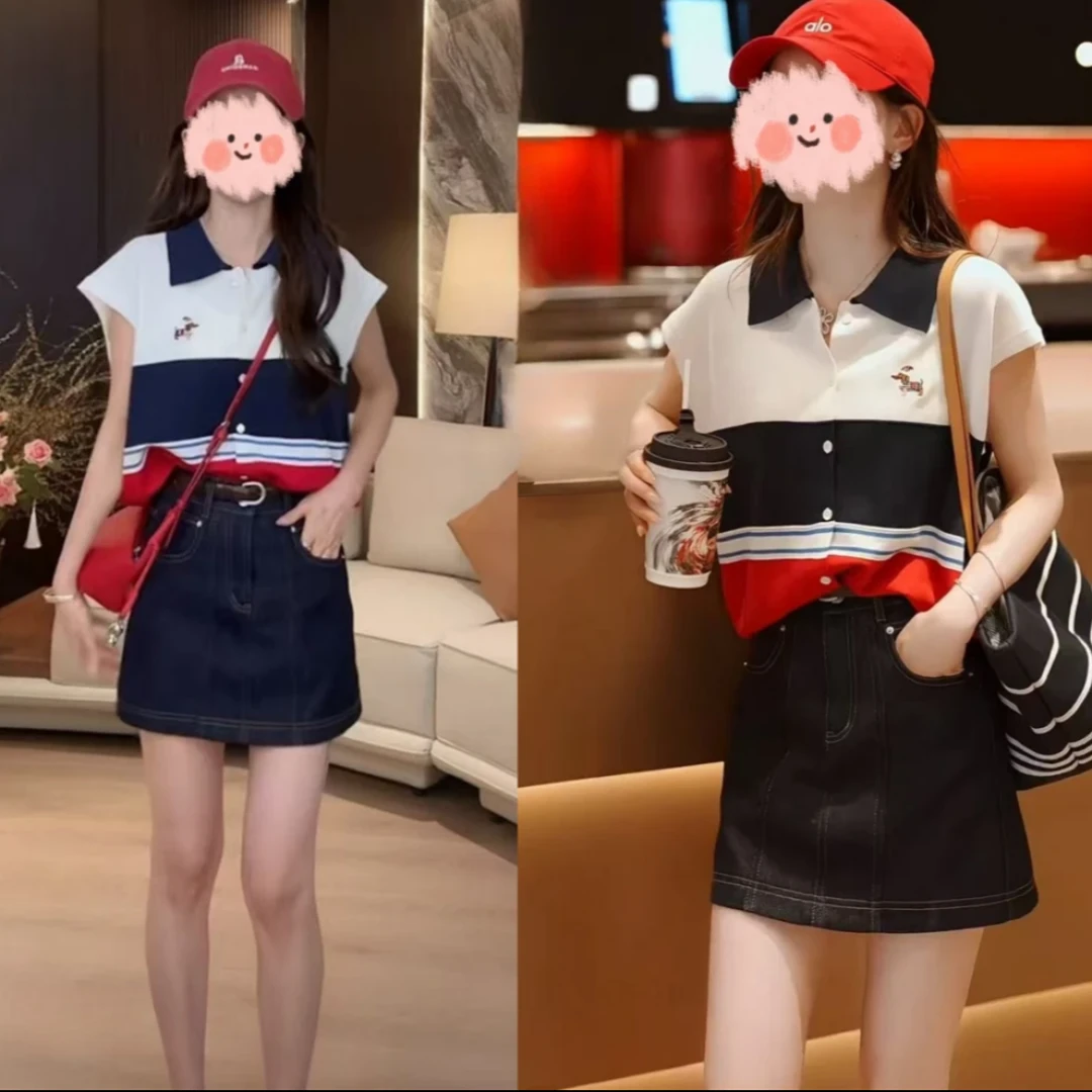 2025新款夏季韩系刺绣显瘦POLO领撞色无袖针织衫+高腰牛仔裙套装