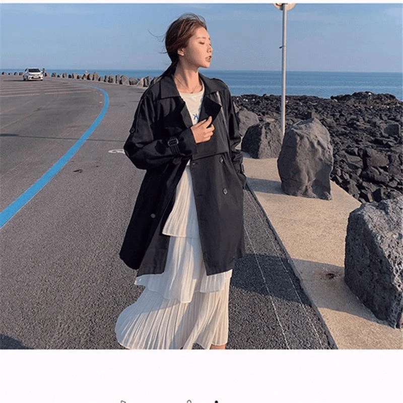 新款风衣女夏季新款通勤风宽松包袖中长款外套纯色薄款