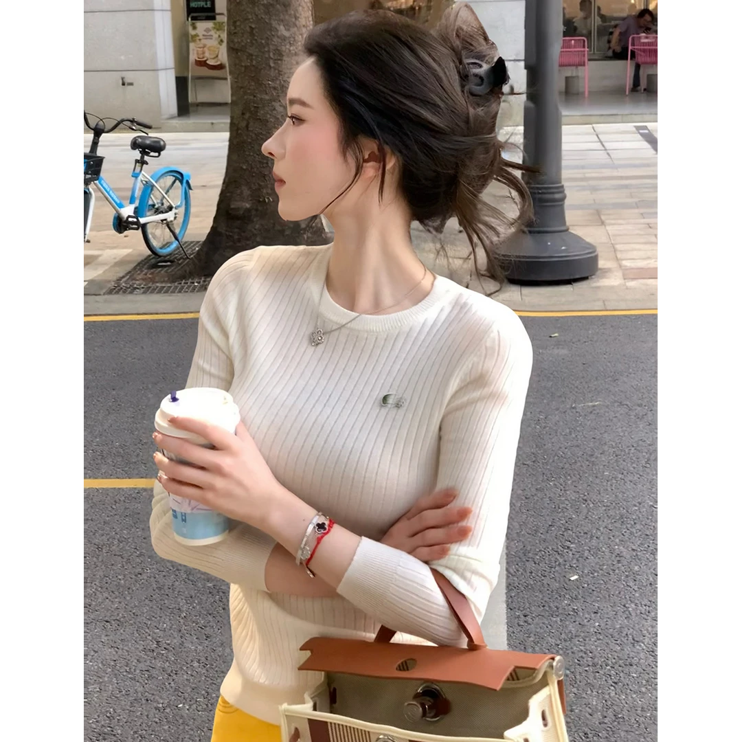 2025秋季新款百搭简约修身显瘦薄款针织套头打底衫女圆领长袖上衣