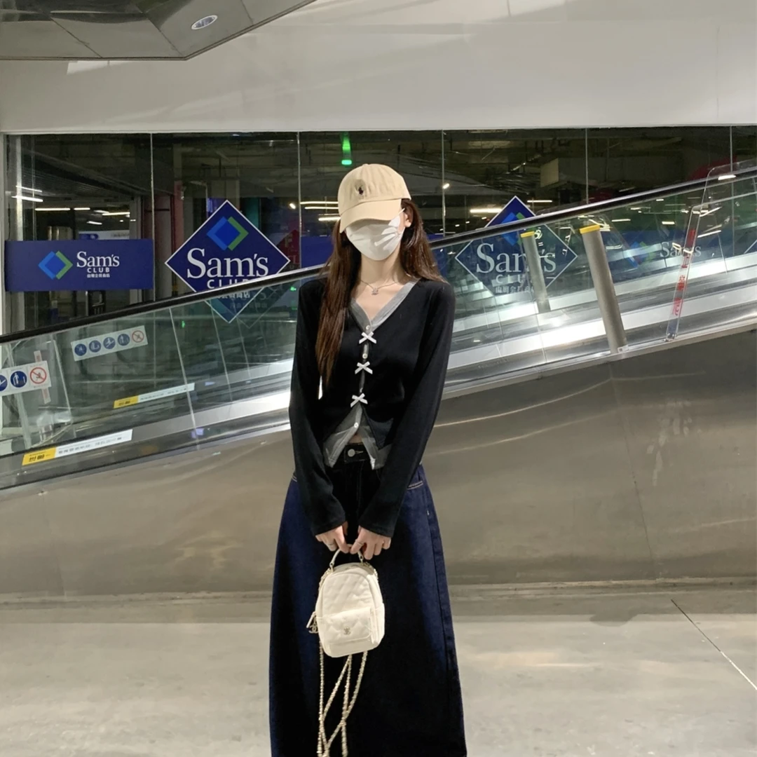 黑色时尚miu系蝴蝶结假两件长袖T恤v领撞色韩版上衣收腰正肩小衫