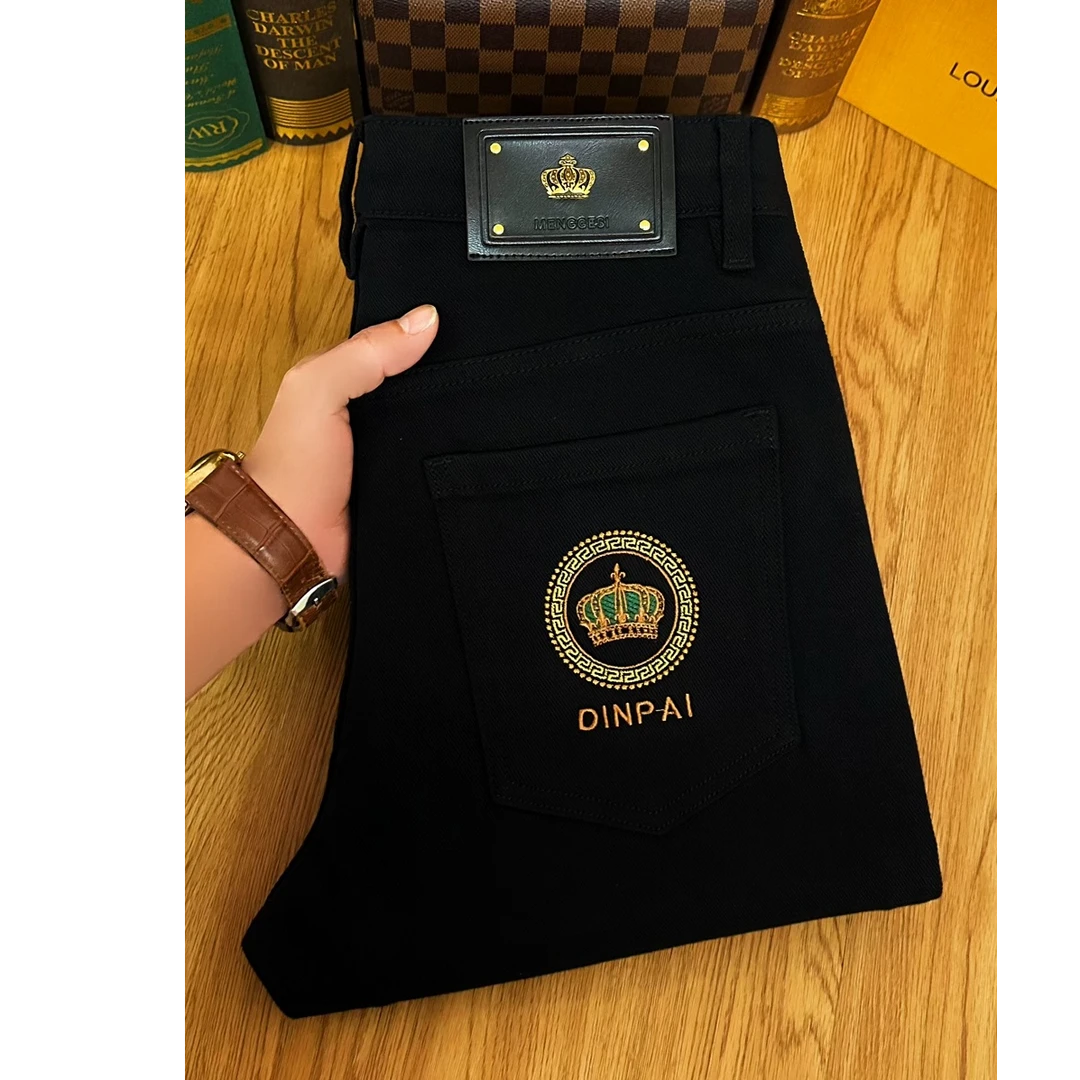 莫安摩萨利黑色牛仔裤男秋冬季厚款刺绣不易掉色弹力修身小脚