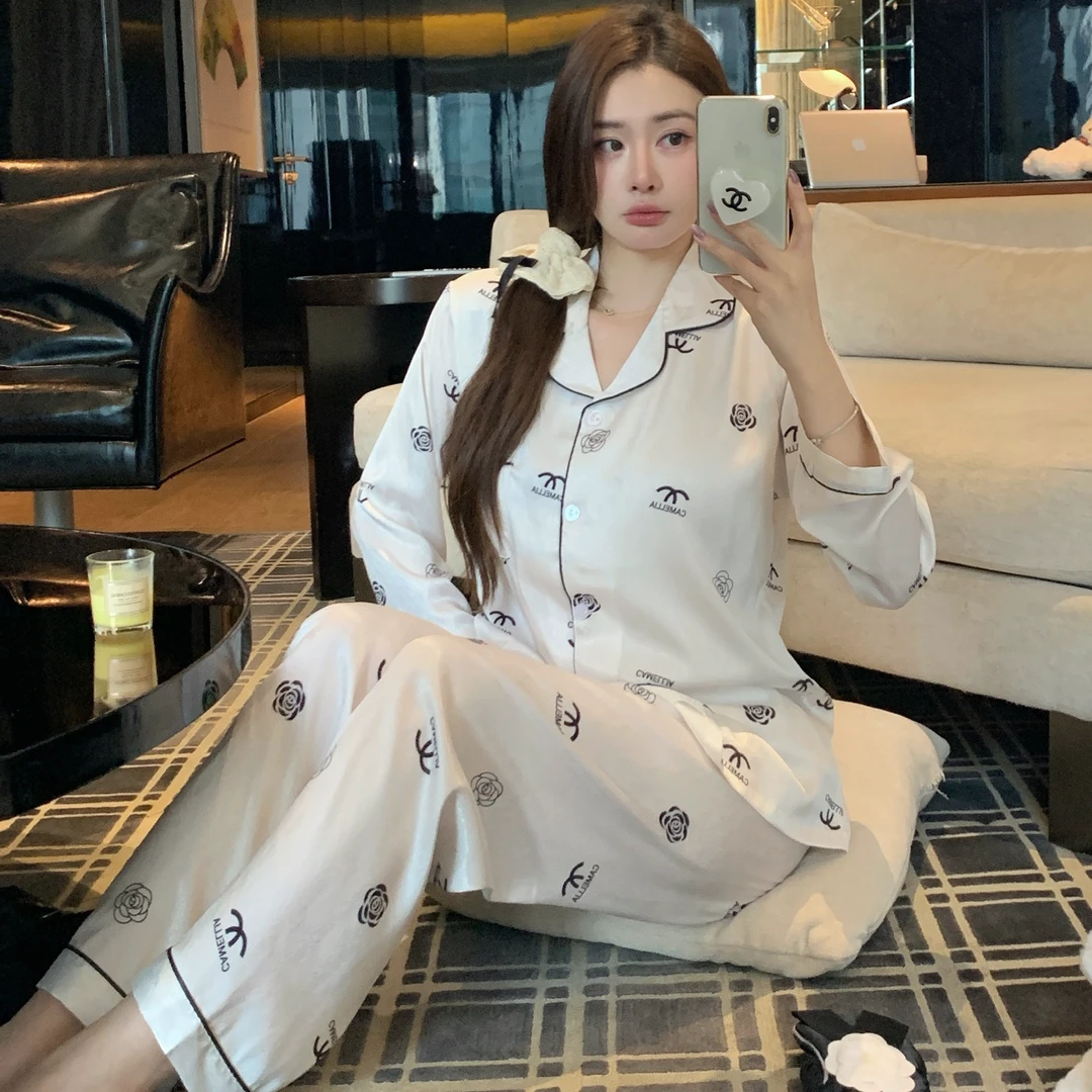 2025新款春秋季小香风睡衣女长袖长裤高级感轻奢山茶花家居服套装