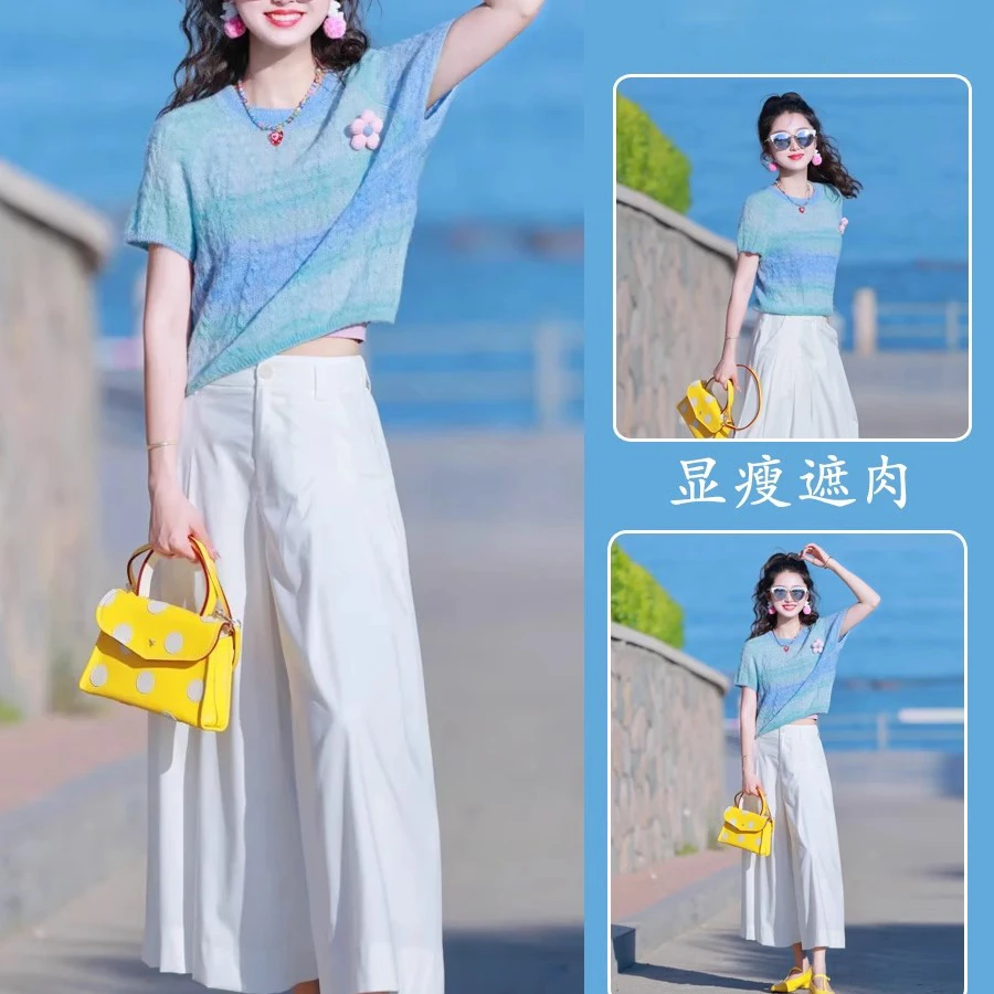 法式复古镂空钩花短袖针织衫夏季小众设计短款绝美别致多巴胺上衣