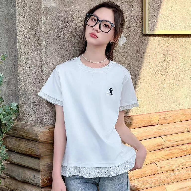 女大童140-175夏季简约潮流百搭花边T恤XXXX25179