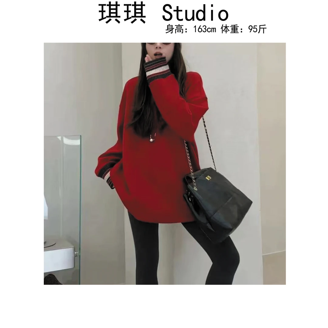 《琪琪家》冬季新款重工设计袖口条纹拼色宽松显瘦减龄上衣6663-CS