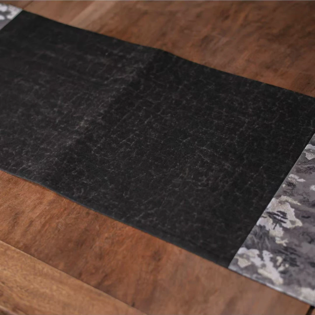 <岭上白云>竖版拼布真丝香云纱茶席90*32（慢蓝S1119）