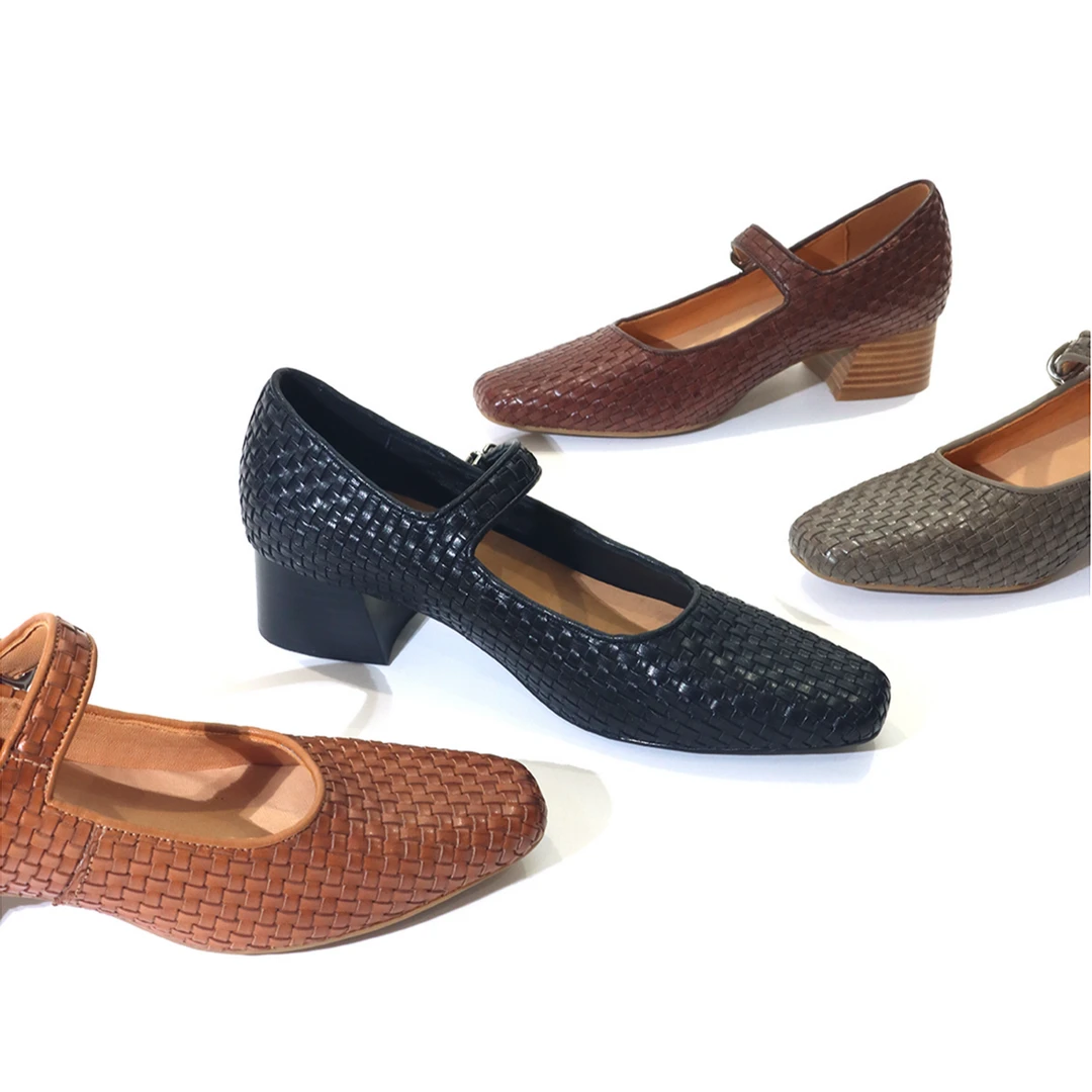 法式编织中跟小众纯手工一字扣锁扣小方头单鞋玛丽珍女鞋XD3789-1