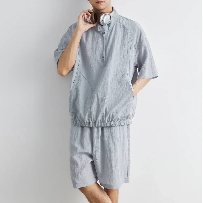 莱赛尔天丝防晒短袖男夏季潮流冰丝速干套装新款宽松立领两件套男